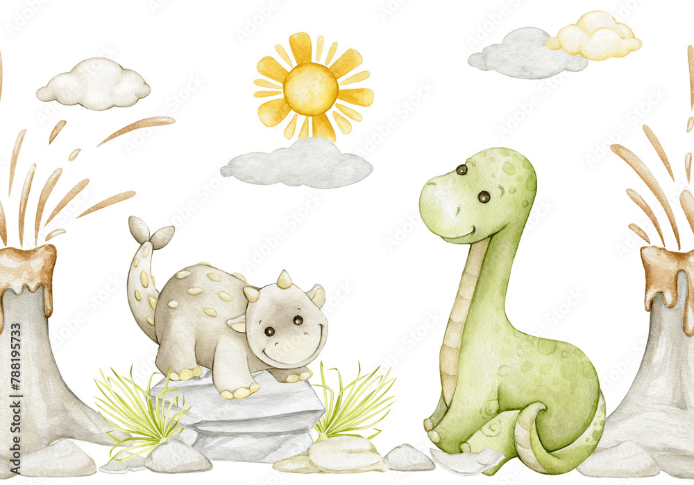 Dinosaurs, volcano, sun, rocks, seamless pattern