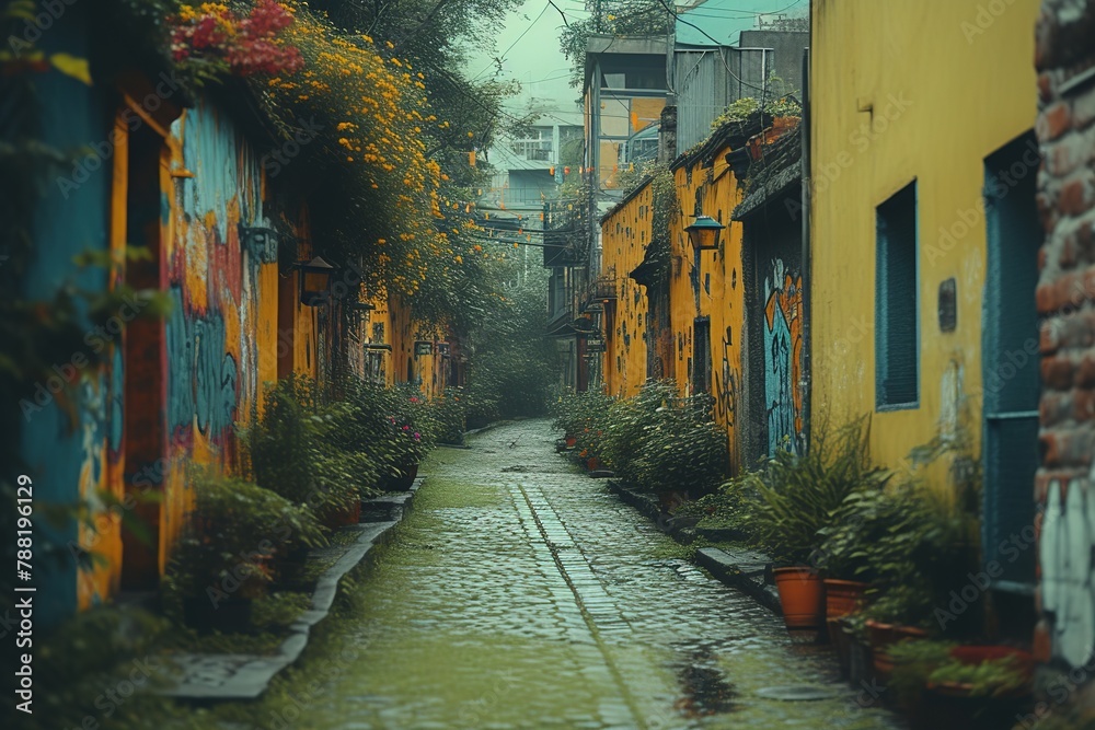 Fototapeta premium wet street with a yellow building