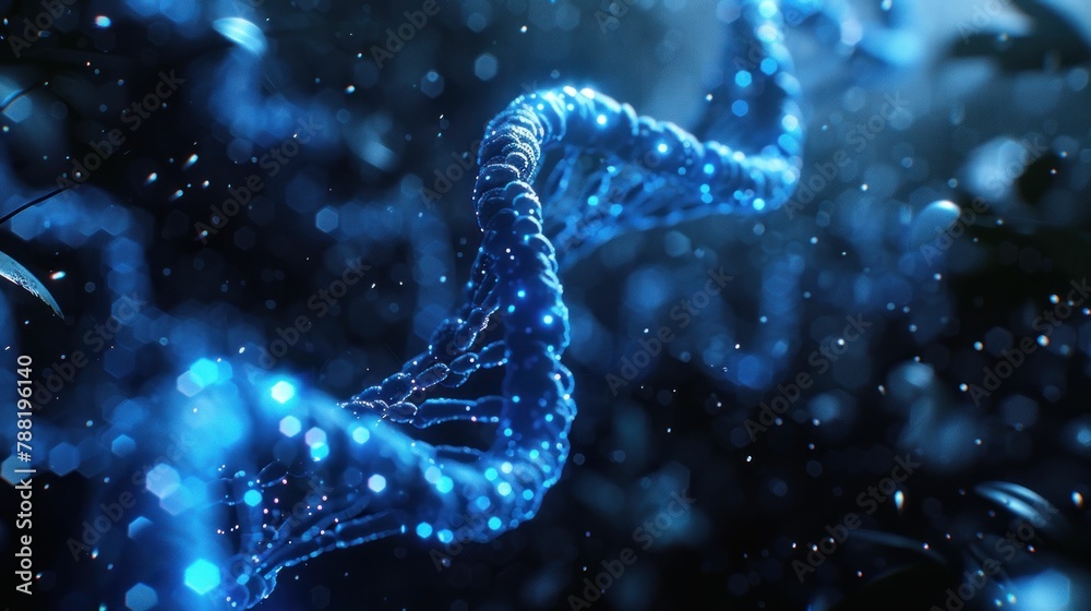 Dark DNA Strand with Water Droplets Illuminated in the Shadows, Scientific Background with Mysterious and Intriguing Aesthetic Dark DNA Strand with Water Droplets Illuminated in the Shadows, Scientific Background with Mysterious and Intriguing Aesthetic