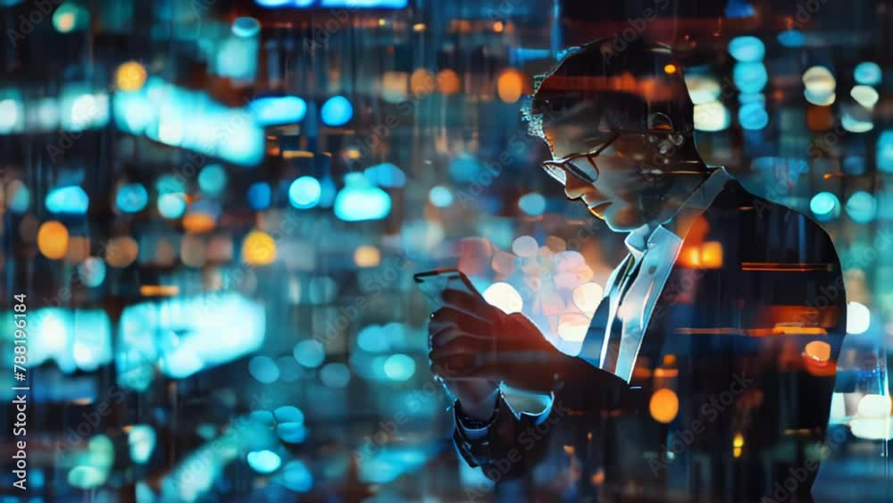 YOUNG MAN WITH GLASSES, WORKING WITH HIS PHONE IN THE OFFICE. VIDEO. HORIZONTAL.