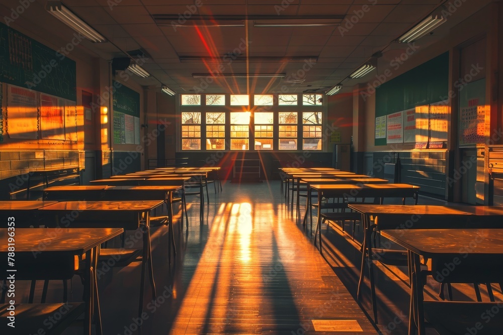 A vacant classroom featuring rows of empty desks and large windows, providing a view of the surroundings, An empty classroom at sunset, with long shadows creeping across the desks, AI Generated