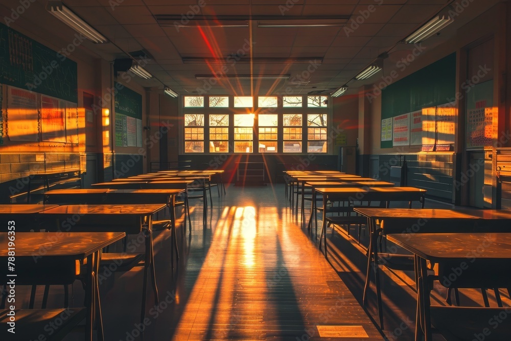 A vacant classroom featuring rows of empty desks and large windows, providing a view of the surroundings, An empty classroom at sunset, with long shadows creeping across the desks, AI Generated A vacant classroom featuring rows of empty desks and large windows, providing a view of the surroundings, An empty classroom at sunset, with long shadows creeping across the desks, AI Generated