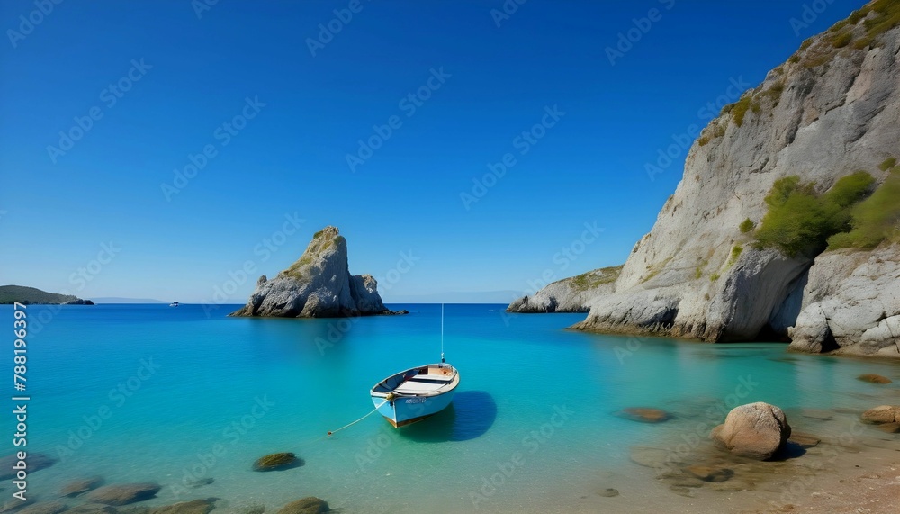 solitary boat moored in a calm bay with clear turquoise waters and a rocky shoreline under a bright blue sky created with generative ai.