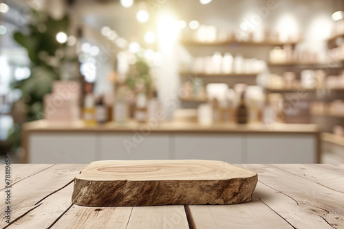Weathered wooden product table display, cosmetic shop on background