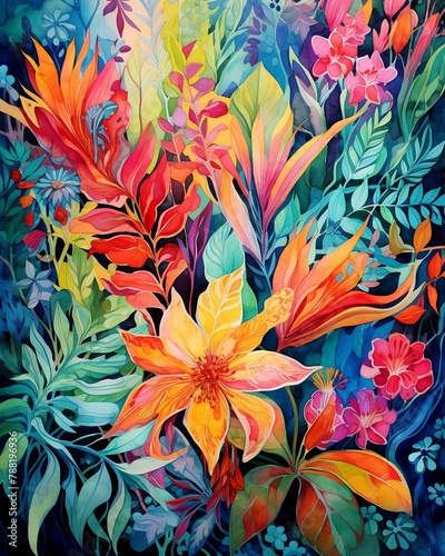 Lively botanical tapestry  rich colors  watercolor floral depth    high resolution
