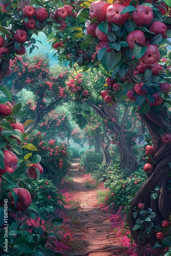 A whimsical illustration of a fantasy orchard where magical creatures pass through a checkpoint made of intertwined apple trees the colors are bright and the background is pristine, highlighting the d