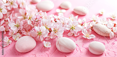 Spring Blooming Wellness Pink background. Cherry Blossoms & Spa Stones Create Tranquil Self-Care Ritual. Holistic Wellness Trend