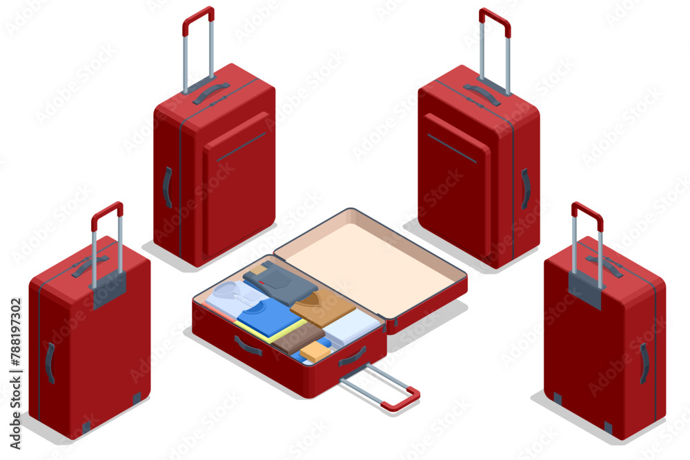 Isometric luggage or baggage for travel and transport concept design. Travel bags, suitcase set Isometric luggage or baggage for travel and transport concept design. Travel bags, suitcase set