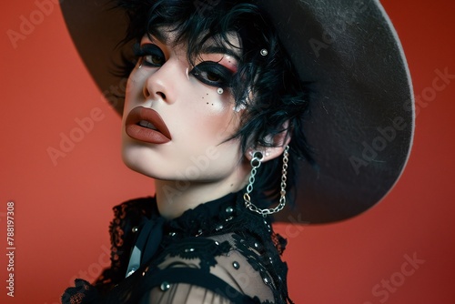 Portrait aesthetic young queer cowboy, drag queen with cowboy hat