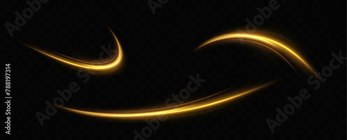 Golden glowing swirl. The effect of moving at the speed of light. Easy trail. Shiny wavy path. Vector.Neon light.	