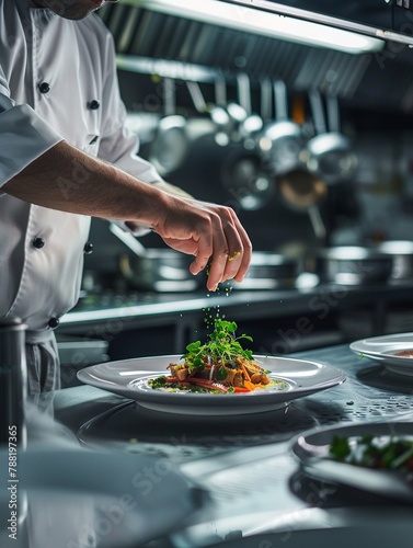A professional chef garnishing a gourmet dish in a highend restaurant kitchen, with a focus on the vibrant, fresh herbs being sprinkled on top The kitchens stainless steel surfaces shine under bright 