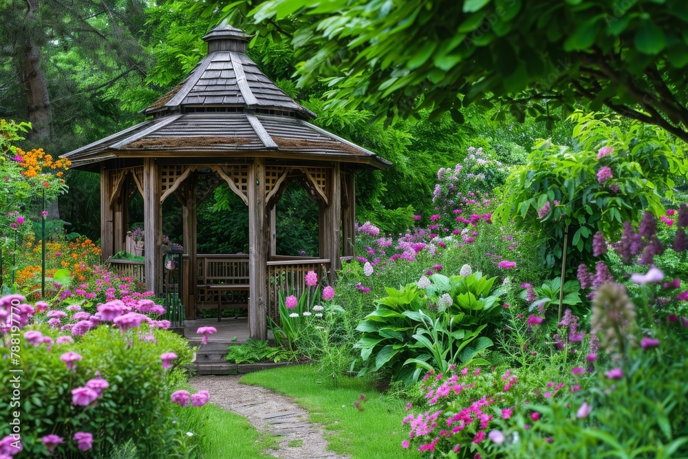 A wooden gazebo sits in a vibrant garden filled with flowers and trees, providing a peaceful spot to enjoy nature, An enchanting gazebo surrounded by an English garden in full bloom, AI Generated A wooden gazebo sits in a vibrant garden filled with flowers and trees, providing a peaceful spot to enjoy nature, An enchanting gazebo surrounded by an English garden in full bloom, AI Generated