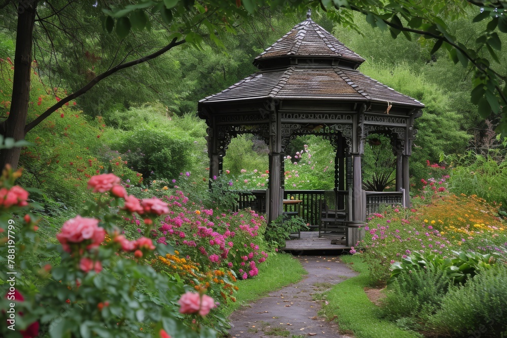 A gazebo with a red roof and white columns stands amidst colorful flowers in a neatly manicured garden, An enchanting gazebo surrounded by an English garden in full bloom, AI Generated A gazebo with a red roof and white columns stands amidst colorful flowers in a neatly manicured garden, An enchanting gazebo surrounded by an English garden in full bloom, AI Generated
