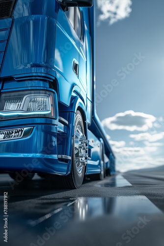 Low-angle view of blue heavy commercial vehicles or a trailer standing on the highway