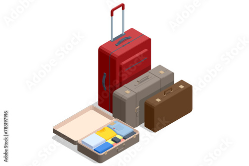 Isometric luggage or baggage for travel and transport concept design. Travel bags, suitcase set