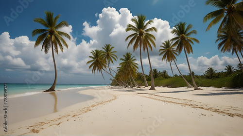 Beautiful tropical beach banner. White sand and coco palms travel tourism wide panorama background concept. Amazing beach landscape, Generative.AI