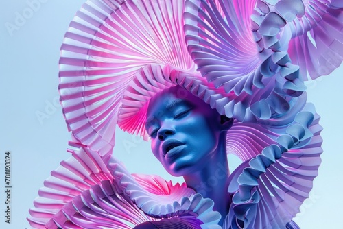 Extravagant Woman with Colorful Paper Headdress and Unconventional Hairstyle