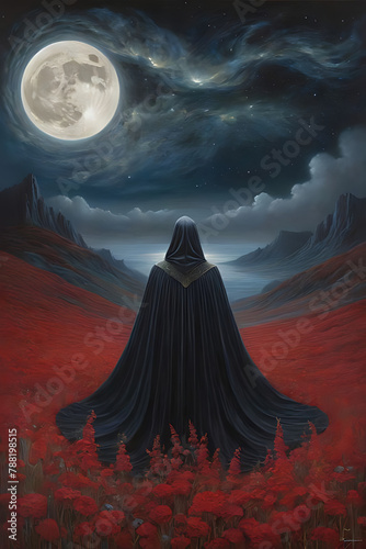 A man in black robes sits amidst a field of vibrant red poppies in a captivating painting. photo