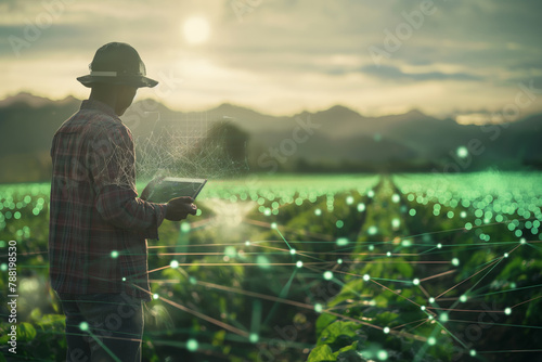 A farmer with a computer analyzing precision data in his acreage, showcasing advancements in digital farming and agricultural technology