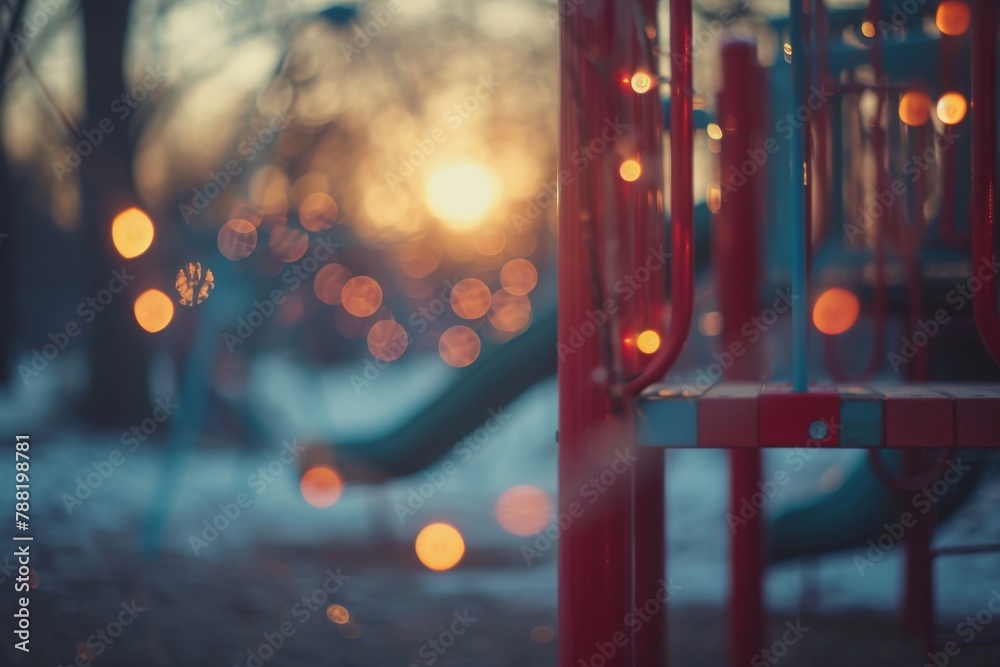 A brightly lit playground featuring various play structures and equipment, with colorful lights illuminating the area, An ethereal playground in a soft-lighted bokeh background, AI Generated