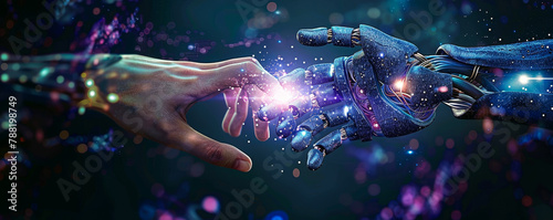 Human and AI collaboration - Robotics hands touch big data brain, global network, future digital technologies merge man and machine intelligence