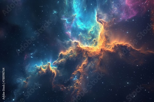 A vibrant space scene with stars and clouds illuminating the sky, An ethereal nebula designed with fluorescent colors, AI Generated