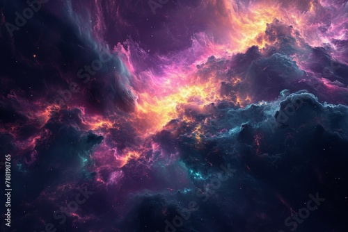 A vibrant sky illuminated by an array of colors, showcasing billowing clouds and a multitude of stars, An ethereal nebula designed with fluorescent colors, AI Generated
