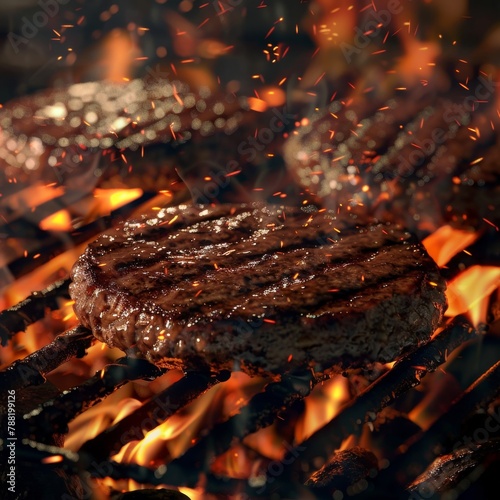 Grilled burgers on a bbq. barbeuce. flames. food. beef. summer. grill marks. 