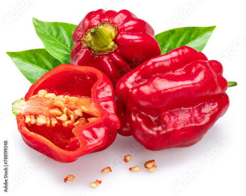 Red habaneros and sliced habanero pepper with seeds isolated on white background. photo