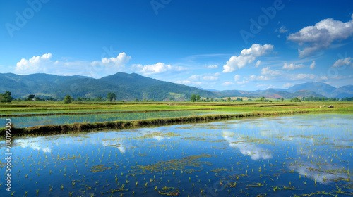A beautiful landscape capturing a paddy field under a clear blue sky with distant mountains