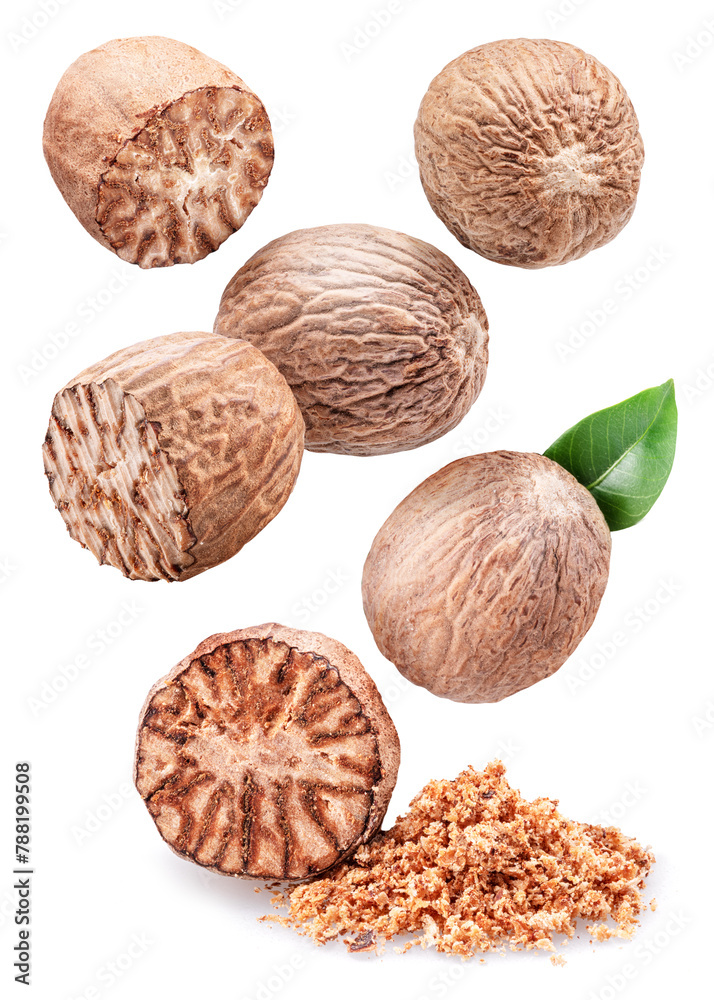 Nutmegs levitating in air isolated on white background. Nutmegs levitating in air isolated on white background.
