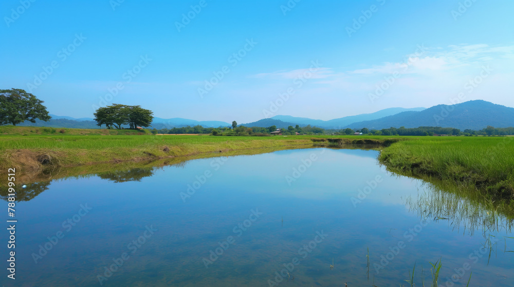 A beautiful landscape capturing a paddy field under a clear blue sky with distant mountains