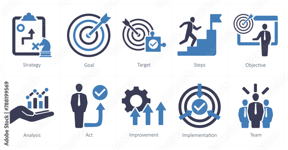 A set of 10 action plan icons as strategy, goal, target