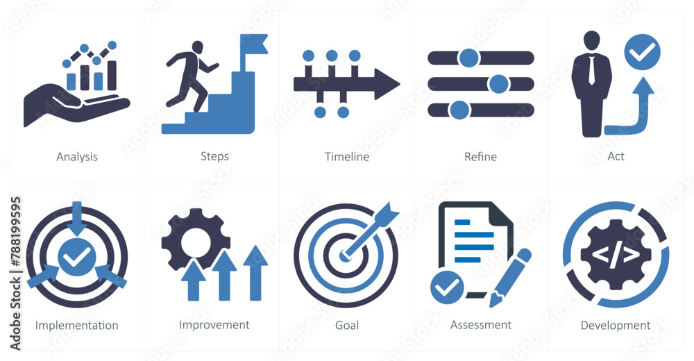 A set of 10 action plan icons as analysis, steps, timeline A set of 10 action plan icons as analysis, steps, timeline