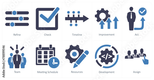 A set of 10 action plan icons as refine, check, timeline, improvement