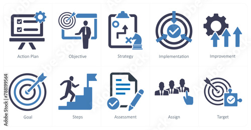 A set of 10 action plan icons as action plan, objective, strategy