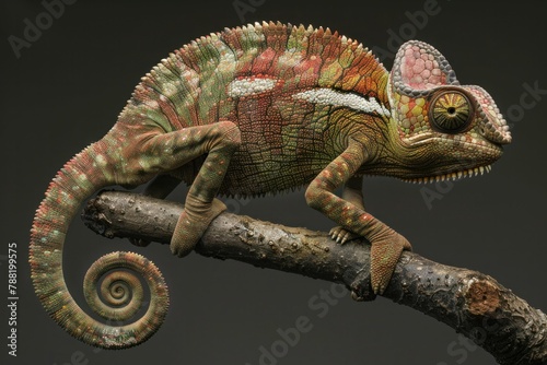 Chameleon perched on a branch, facing away from the camera in its natural habitat © VICHIZH