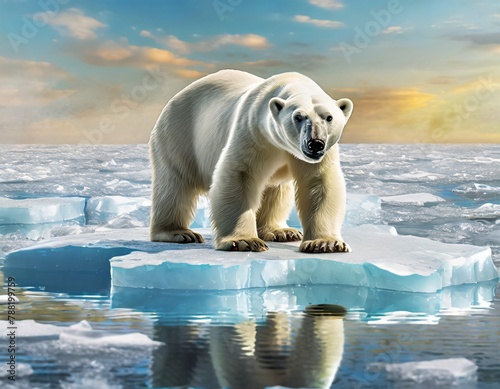 polar bear on a melting ice floe  global warming problem