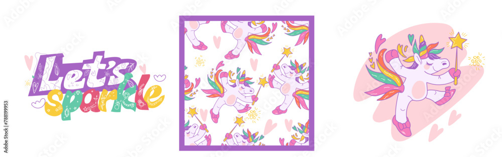 Unicorn themed set with seamless pattern, lettering and unicorn character, cartoon kawaii style vector illustration. Prints design kit with unicorn.