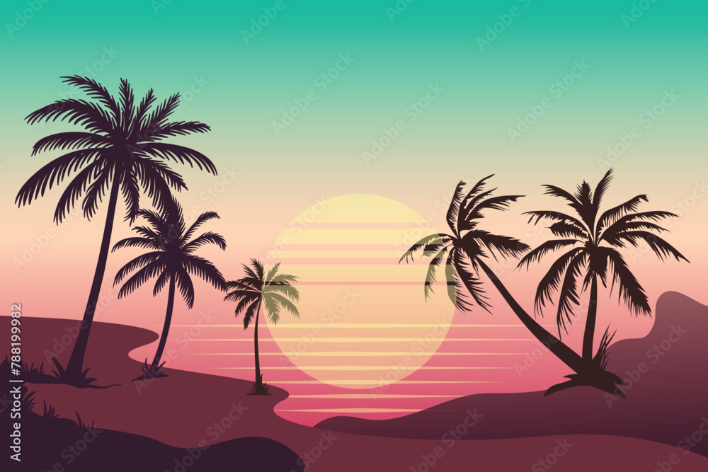 Palm tree concept illustration Free vector Woman seeing the summer landscape in her hair evening beach at