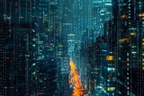 A Vibrant Urban Landscape With Numerous Tall Buildings, An image of a binary code filled city during the night, AI Generated