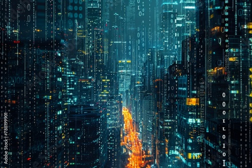 A Vibrant Urban Landscape With Numerous Tall Buildings, An image of a binary code filled city during the night, AI Generated