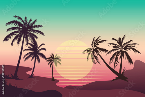 Palm tree concept illustration Free vector Woman seeing the summer landscape in her hair evening beach at © Moin by
