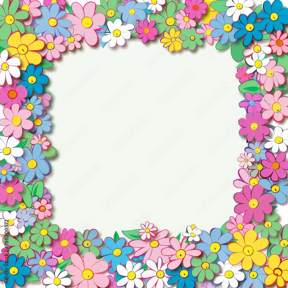 Floral patterns around edges. Beautiful background with delicate plants blooming at edges on white backdrop. Horizontal border with pastel spring summer flowers