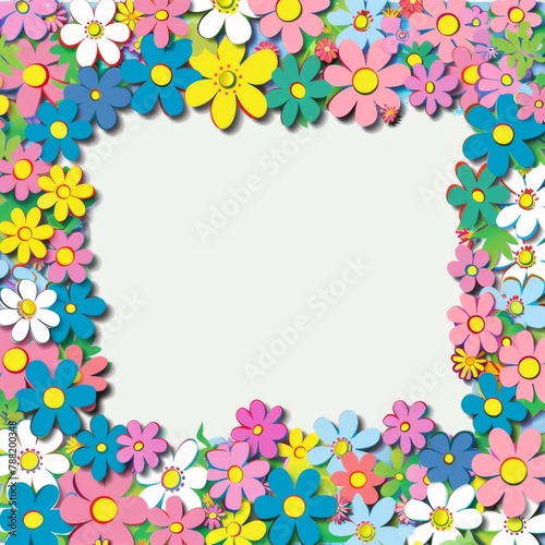 Floral patterns around edges. Beautiful background with delicate plants blooming at edges on white backdrop. Horizontal border with pastel spring summer flowers