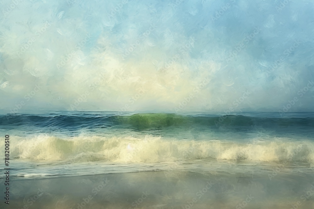 This photo captures a vivid painting of a powerful wave crashing onto the shore, depicting the force and energy of the ocean, An impressionist view of a calming ocean wave, AI Generated