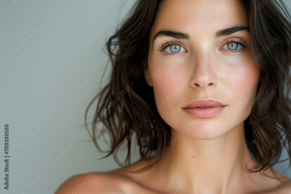 Natural Beauty Portrait: Serene Brown-Eyed Woman with Flawless Skin and a Subtle Smile
