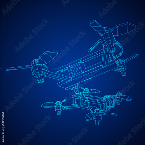 FPV Drone Racing freestyle sport flight. Hobby toys. Wireframe low poly mesh vector illustration.