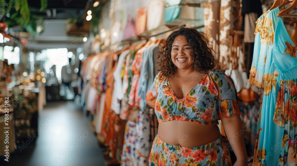 A beautiful chubby woman standing in front of an all female boutique store filled with colorful boho style