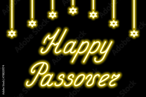 Happy Passover. Gold neon lettering. Garland of shining stars of David. Color vector illustration. Black background. Congratulations on Jewish Passover. Glowing holiday text. Idea for web design.